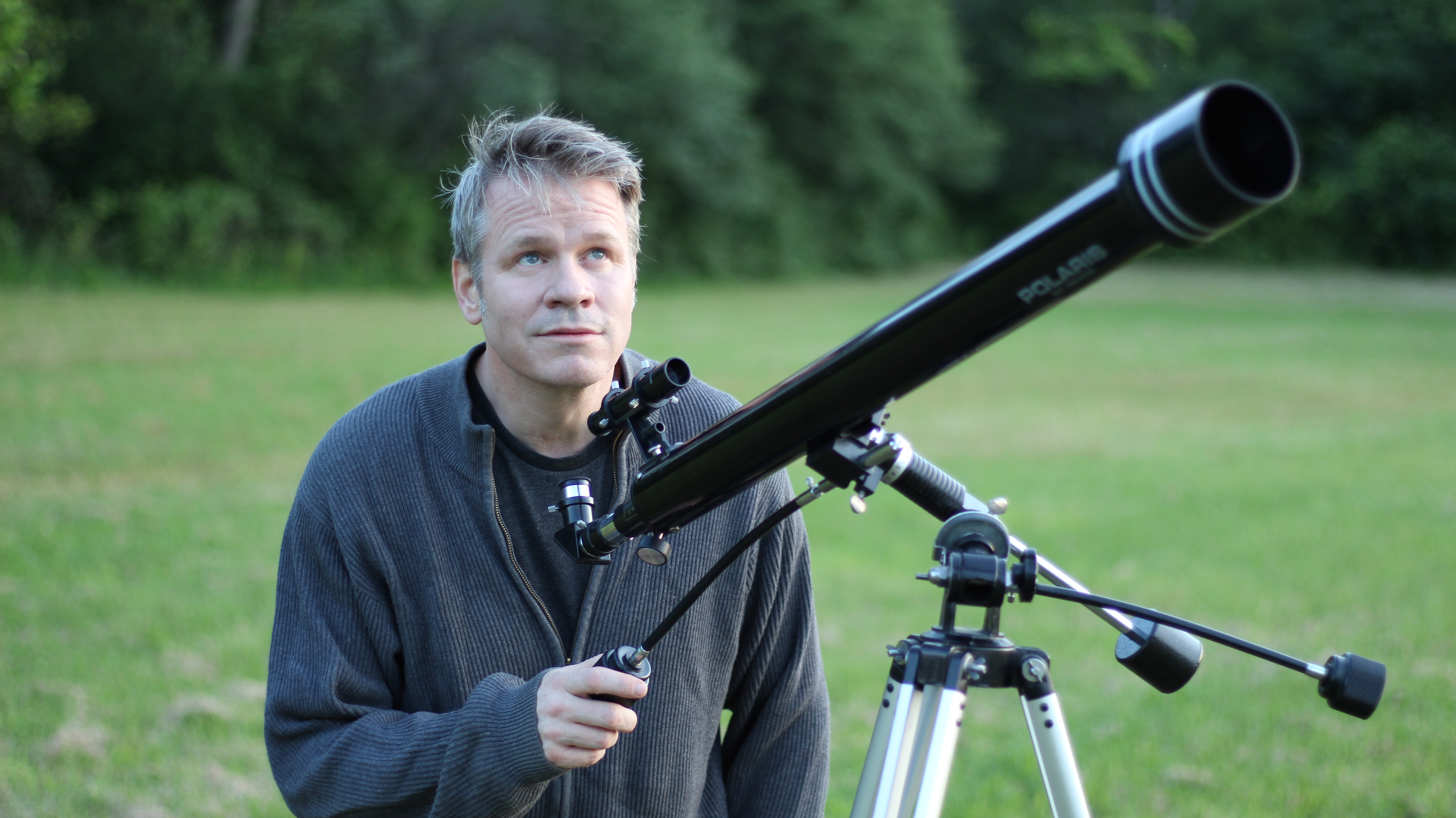 2nd Brad Peterson with telescope on location during "what the open heart allows" music video film-shoot
